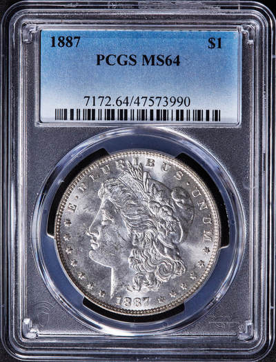 【俄甄集藏】2025年(045)12-03 星期三 晚 19:30 全场包邮 - 美国1887年摩根1美元大银币，PCGS MS64，车轮转光，底板凝霜