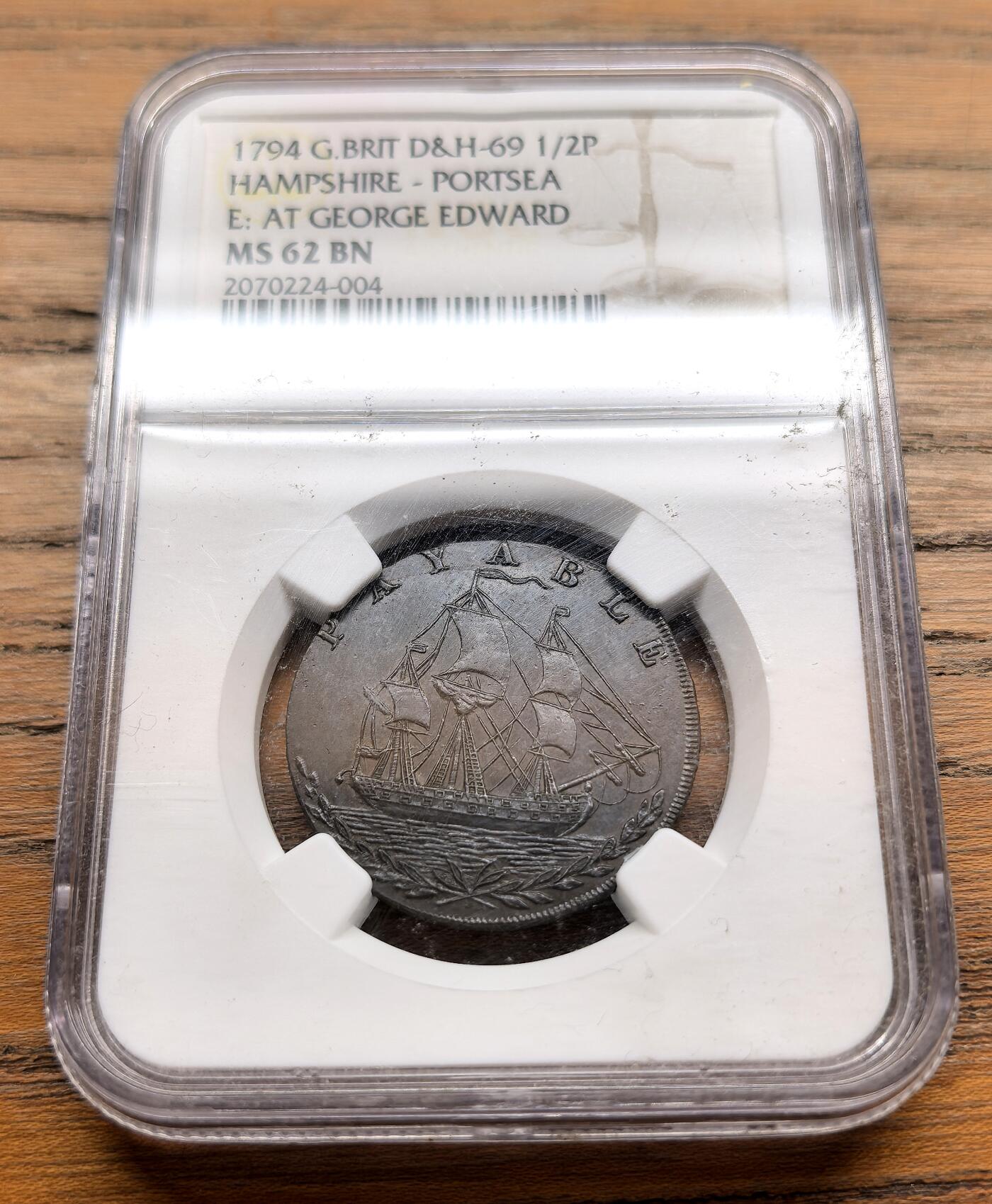 纫秋兰以为佩·凡希社微拍感恩专场 1794英国汉普郡1/2便士token NGC-MS62