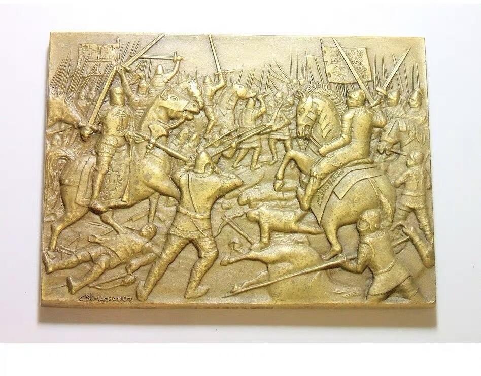 【艺术】葡萄牙艺术大章 1385年葡西阿尔茹巴罗塔战役 高浮雕精制巨型大铜章 100×70MM 303克