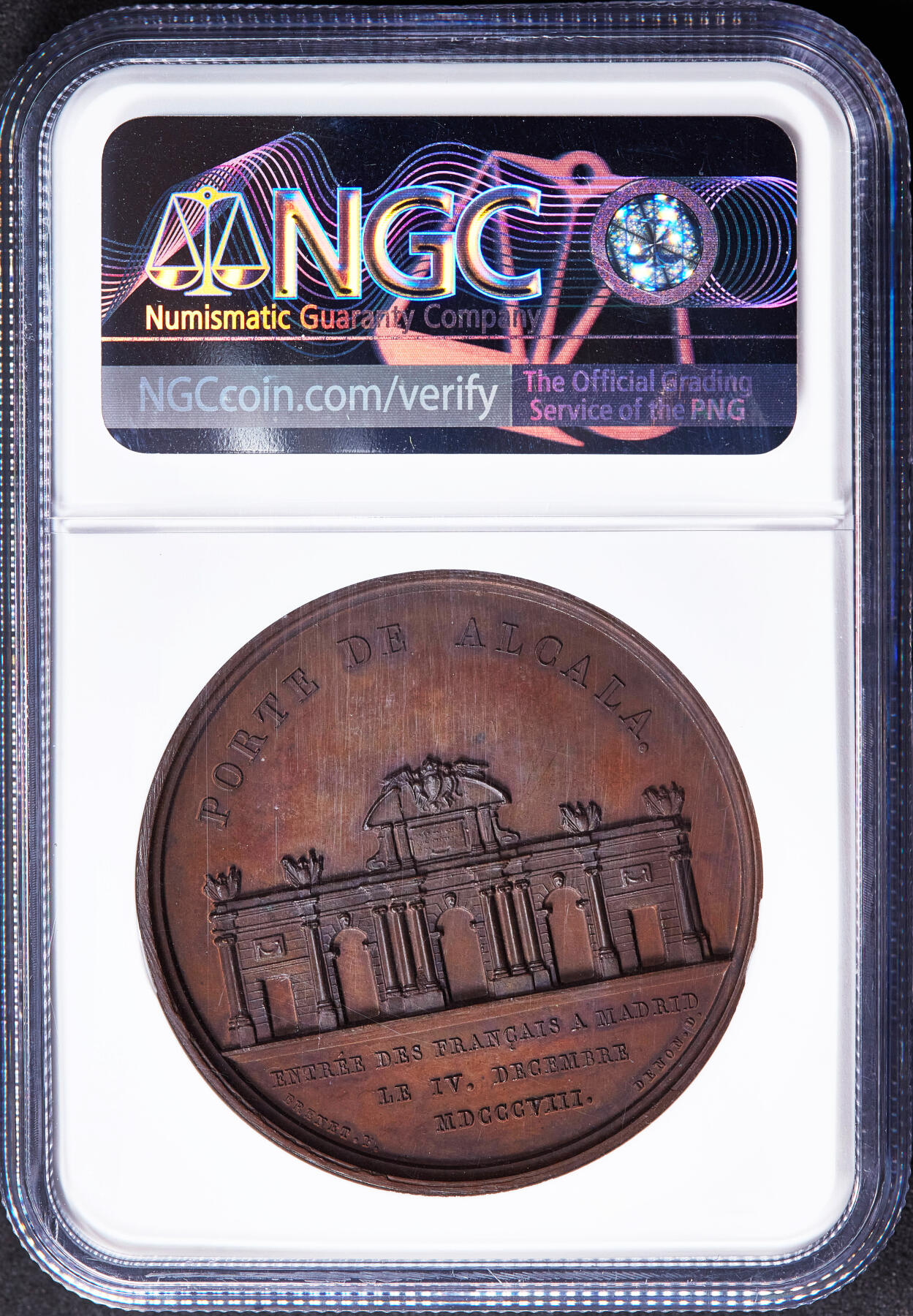 【俄甄集藏】2025年(045)12-03 星期三 晚 19:30 全场包邮 法国拿破仑帝国1808年纪念攻占西班牙马德里大铜章，NGC MS63，高浮雕，巧克力包浆，稀少品种，唯一亚军