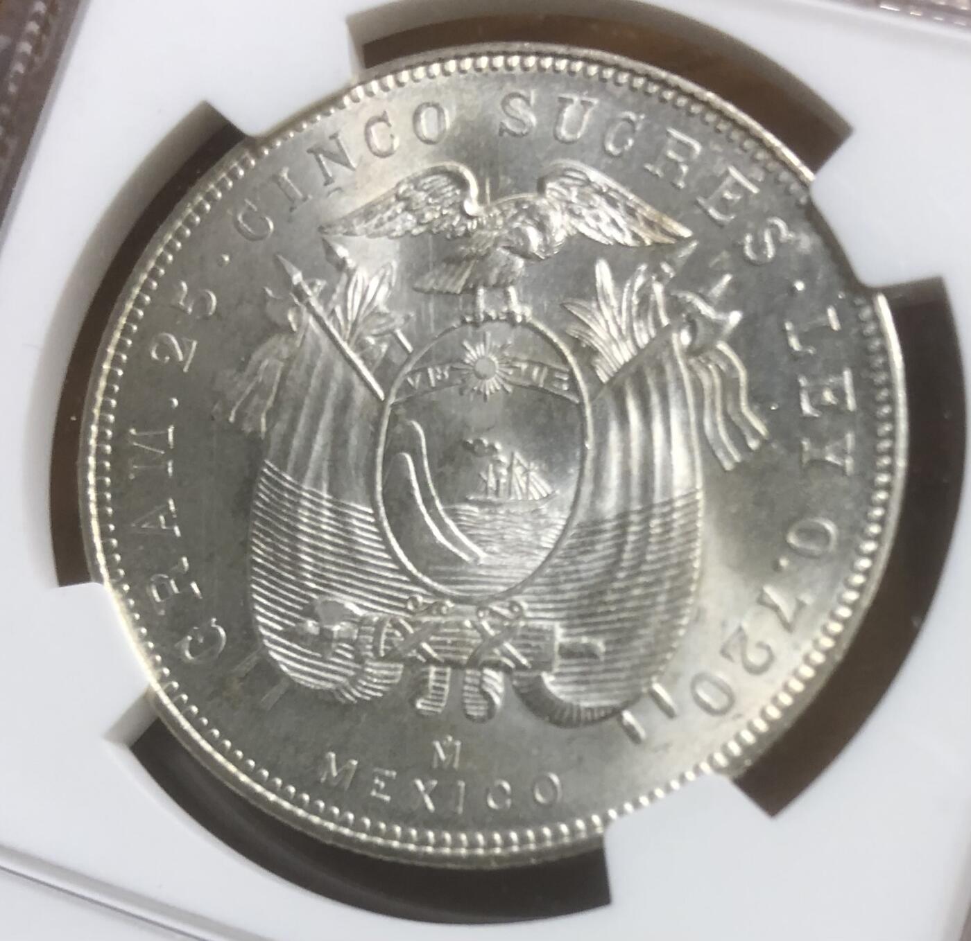 1944厄瓜多尔5苏克雷大银币MS62