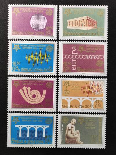 ↓君缘收藏665期☞钱币邮品↓无佣金、可寄存、满30元包邮  - 塞尔维亚和黑山邮票，2005年欧洲邮票发行50周年8全