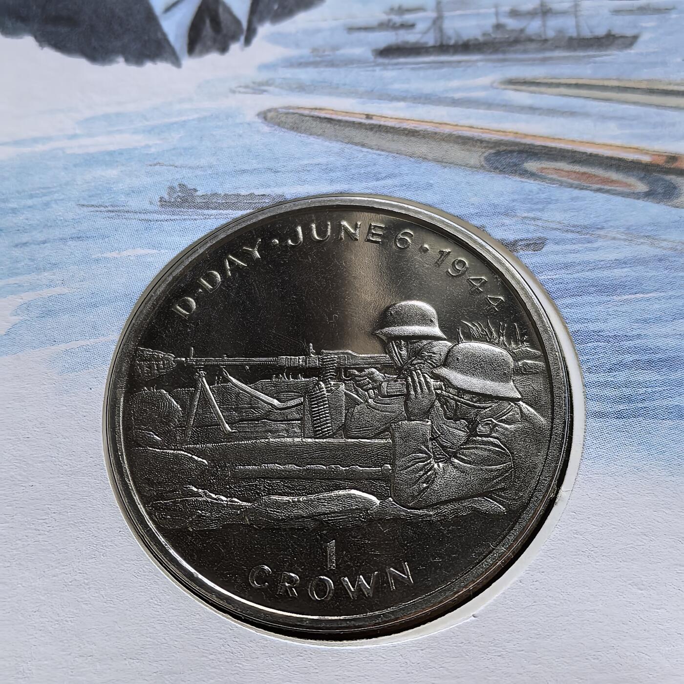 道一币馆币章第一百五十六场 邮币封 马恩岛1994年诺曼底登陆50周年系列-德军机枪阵地1克朗纪念币