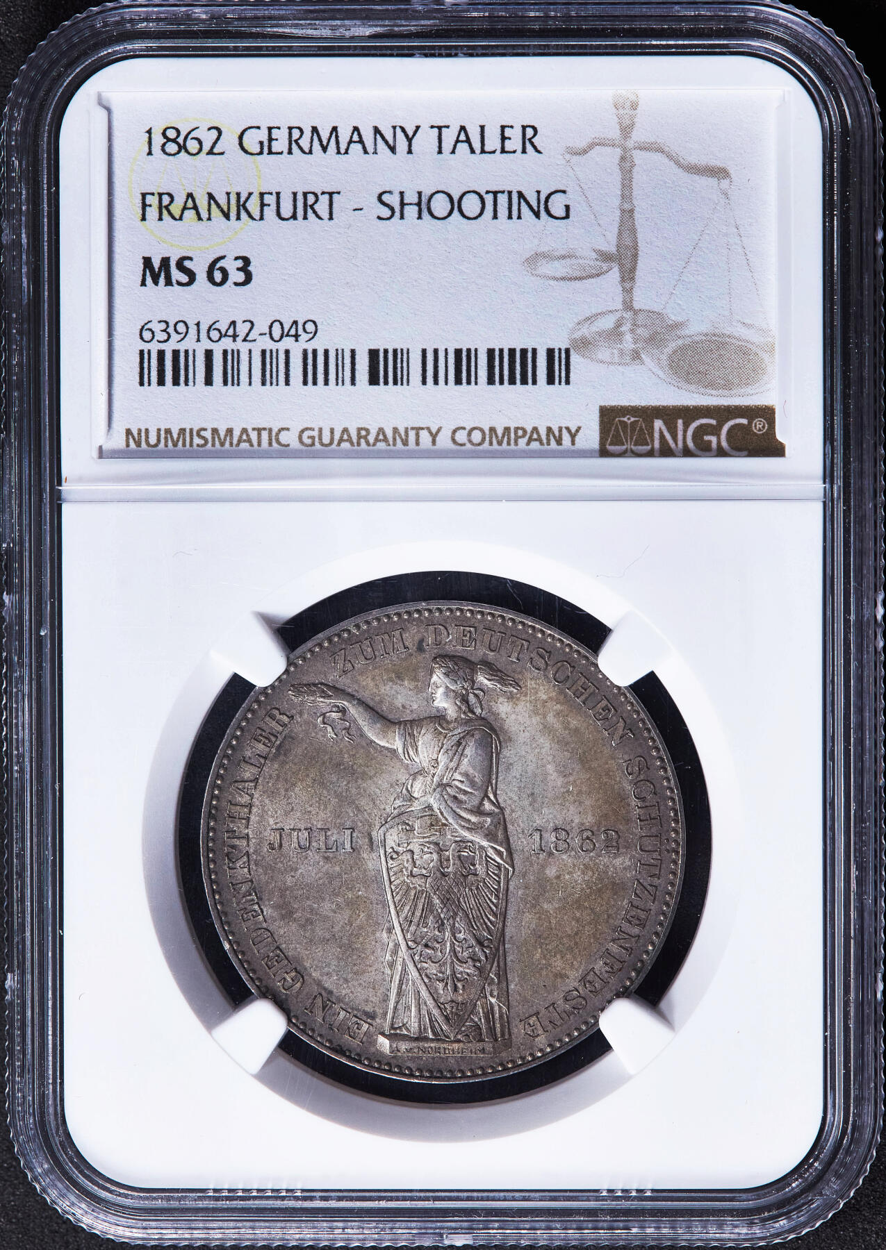 【俄甄集藏】2025年(045)12-03 星期三 晚 19:30 全场包邮 德国1862年法兰克福射击节1泰勒银币，NGC MS63，黄油酱彩，原光品相