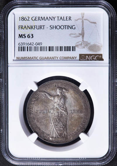 【俄甄集藏】2025年(045)12-03 星期三 晚 19:30 全场包邮 - 德国1862年法兰克福射击节1泰勒银币，NGC MS63，黄油酱彩，原光品相