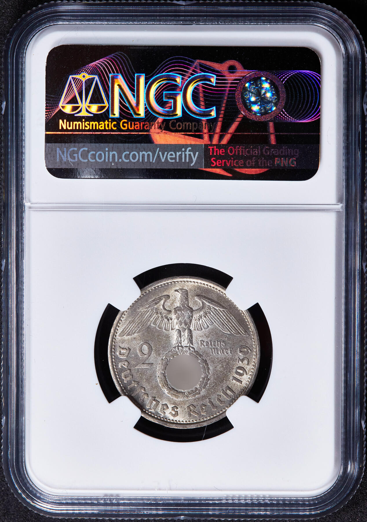 【俄甄集藏】2025年(045)12-03 星期三 晚 19:30 全场包邮 德国第三帝国1939年D版2马克银币，NGC MS61，黄油彩转光品相，原图联系客服或前往对应官网进行查询