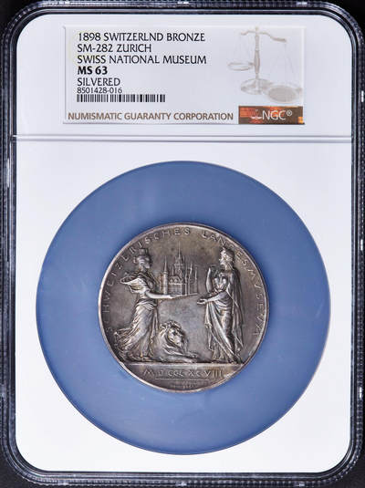 【俄甄集藏】2025年(045)12-03 星期三 晚 19:30 全场包邮 - 瑞士1898年纪念国立博物馆建成镀银大铜章，NGC MS63，直径：57mm，原味老包浆，设计精美