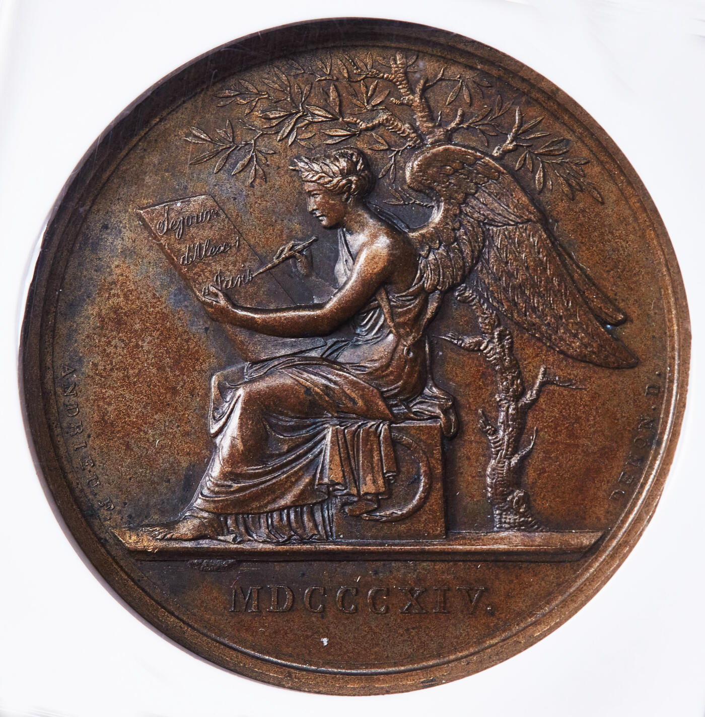 【俄甄集藏】2025年(045)12-03 星期三 晚 19:30 全场包邮 沙俄1814年亚历山大一世访问巴黎纪念高浮雕大铜章，NGC MS63，巧克力包浆，状态很好