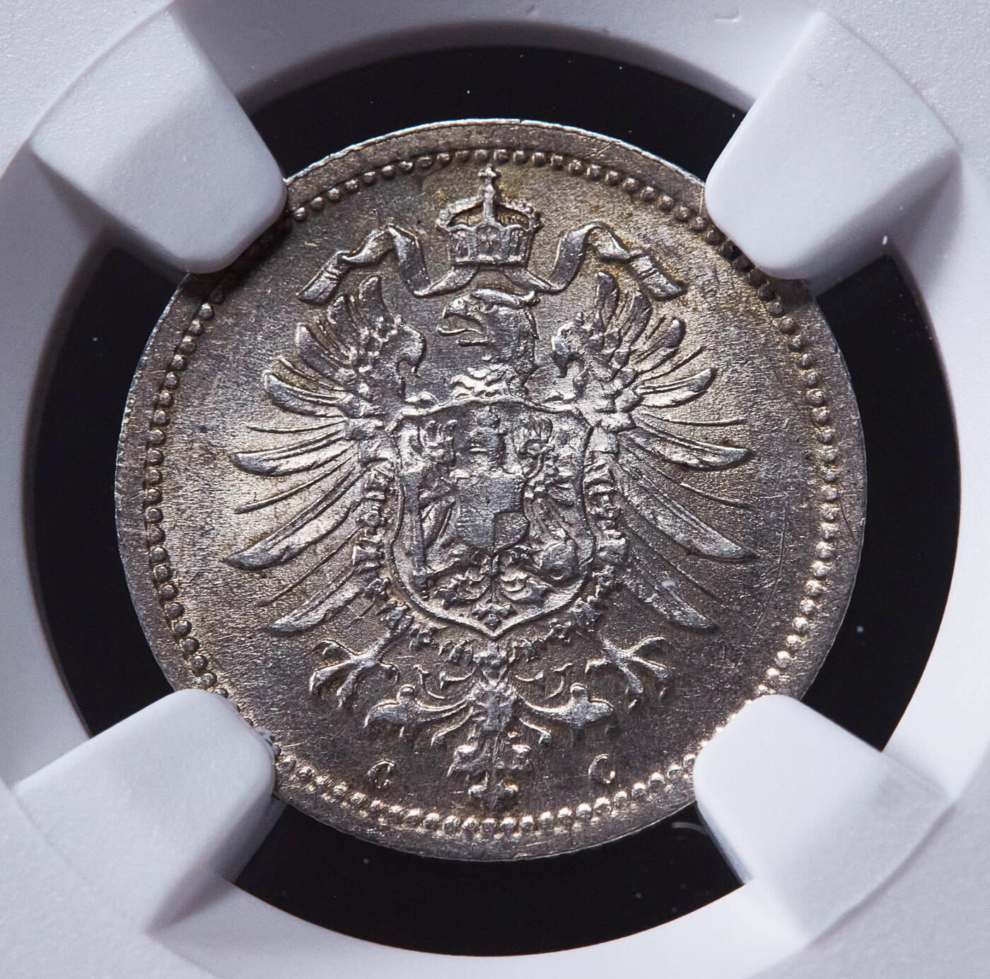 【俄甄集藏】2025年(045)12-03 星期三 晚 19:30 全场包邮 德国1875年C版短翅20芬尼银币，NGC UNCD，黄油彩转光品相