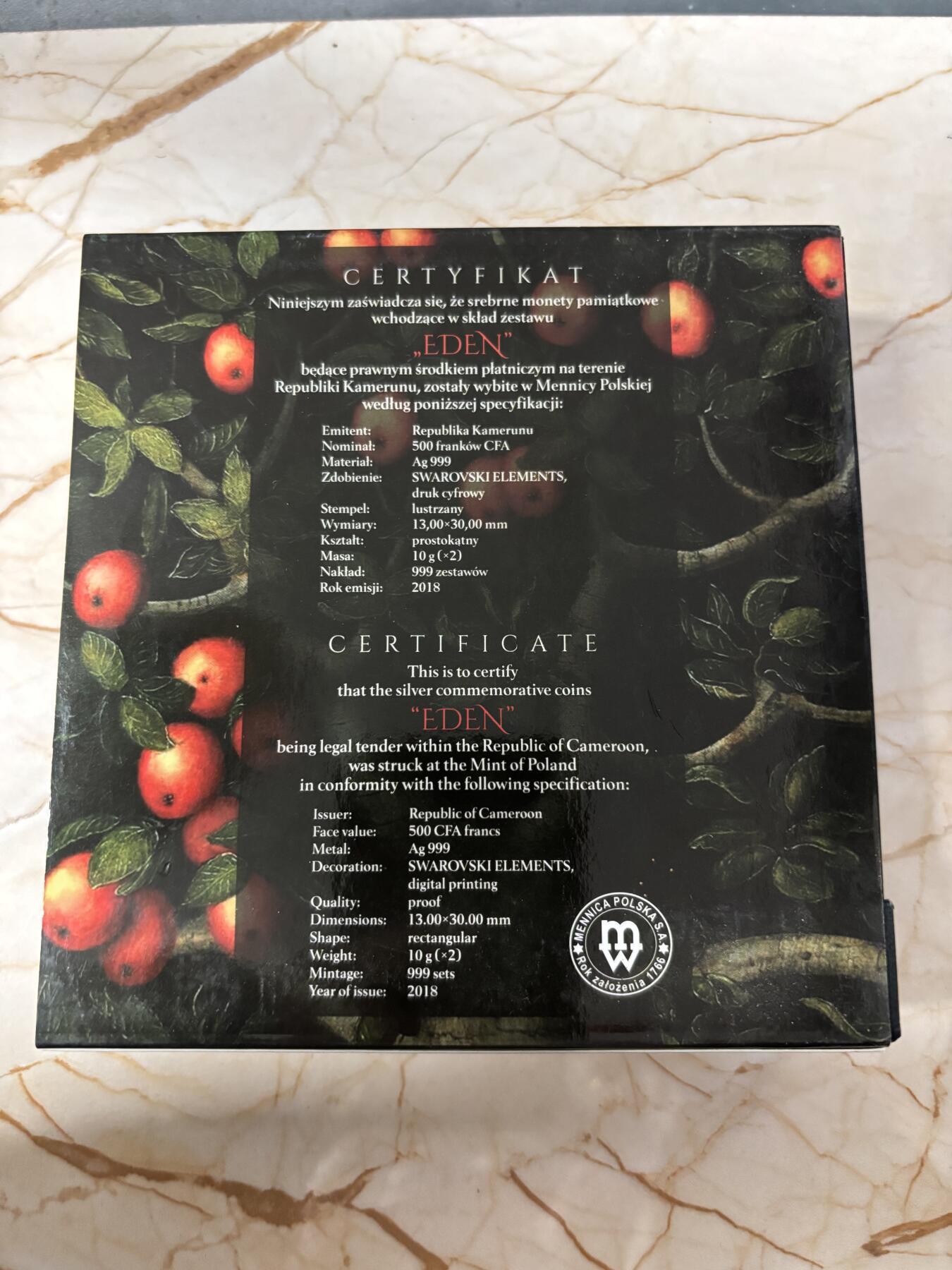 第183期拍卖 喀麦隆2018伊甸园亚当和夏娃彩印条形组合银币，999银，10克*2，发行999套
