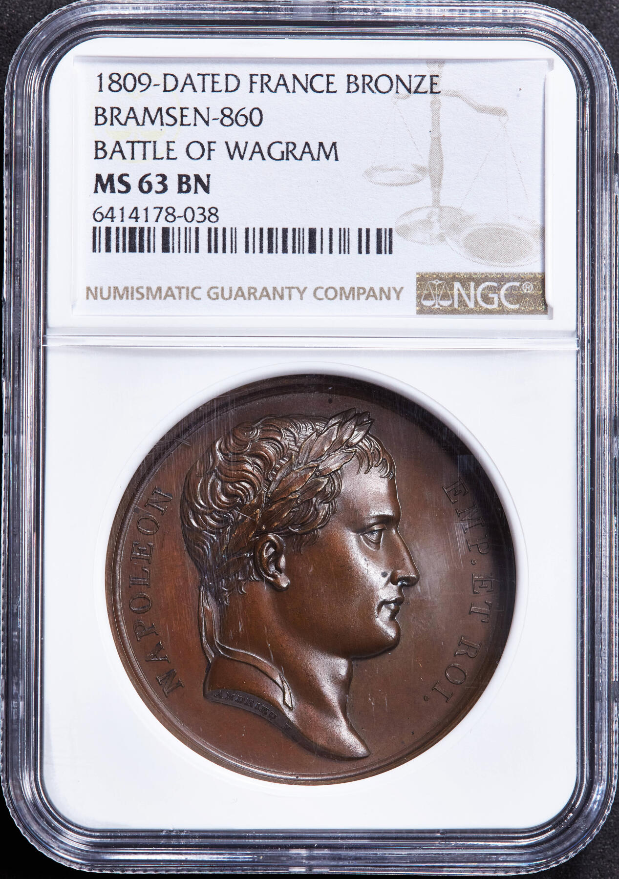 【俄甄集藏】2025年(045)12-03 星期三 晚 19:30 全场包邮 法国拿破仑帝国1809年瓦格拉姆战役胜利纪念大铜章，NGC MS63，巧克力包浆，高浮雕，稀少品