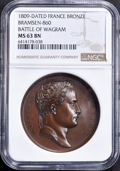 【俄甄集藏】2025年(045)12-03 星期三 晚 19:30 全场包邮 - 法国拿破仑帝国1809年瓦格拉姆战役胜利纪念大铜章，NGC MS63，巧克力包浆，高浮雕，稀少品