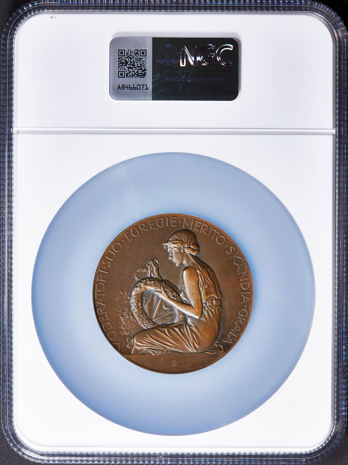 【俄甄集藏】2025年(045)12-03 星期三 晚 19:30 全场包邮 瑞典1920年纪念著名杂志出版商卡里·赫利茨大铜章，NGC MS62，表彰其传播北欧文化的突出贡献，巧克力包浆，高浮雕，背面为北欧神话斯堪的纳维亚女神，名家林德伯格作品，直径57mm，少见品种