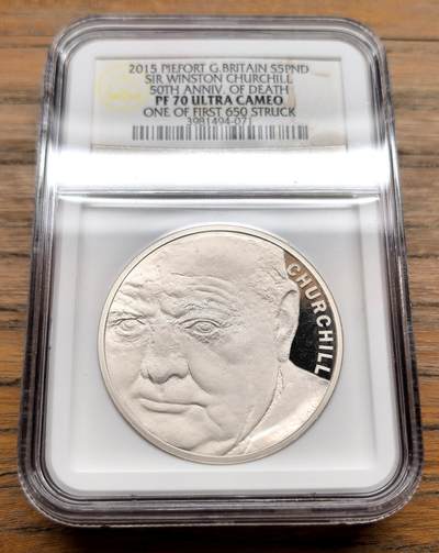 纫秋兰以为佩·凡希社微拍感恩专场 - 2015英国温斯顿丘吉尔逝世50周年纪念5镑加厚银币NGC-PF70UC，首日标签。