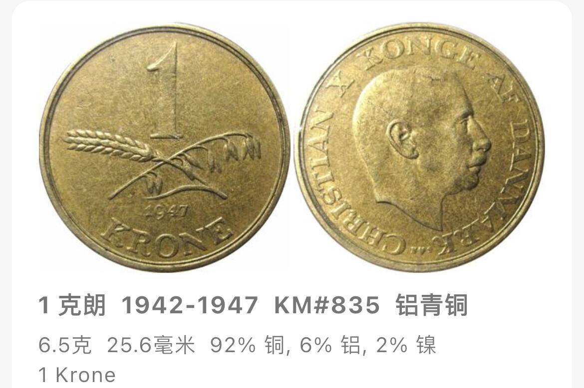 回流1130 丹麦1946年1克朗铜币 克里斯蒂安十世