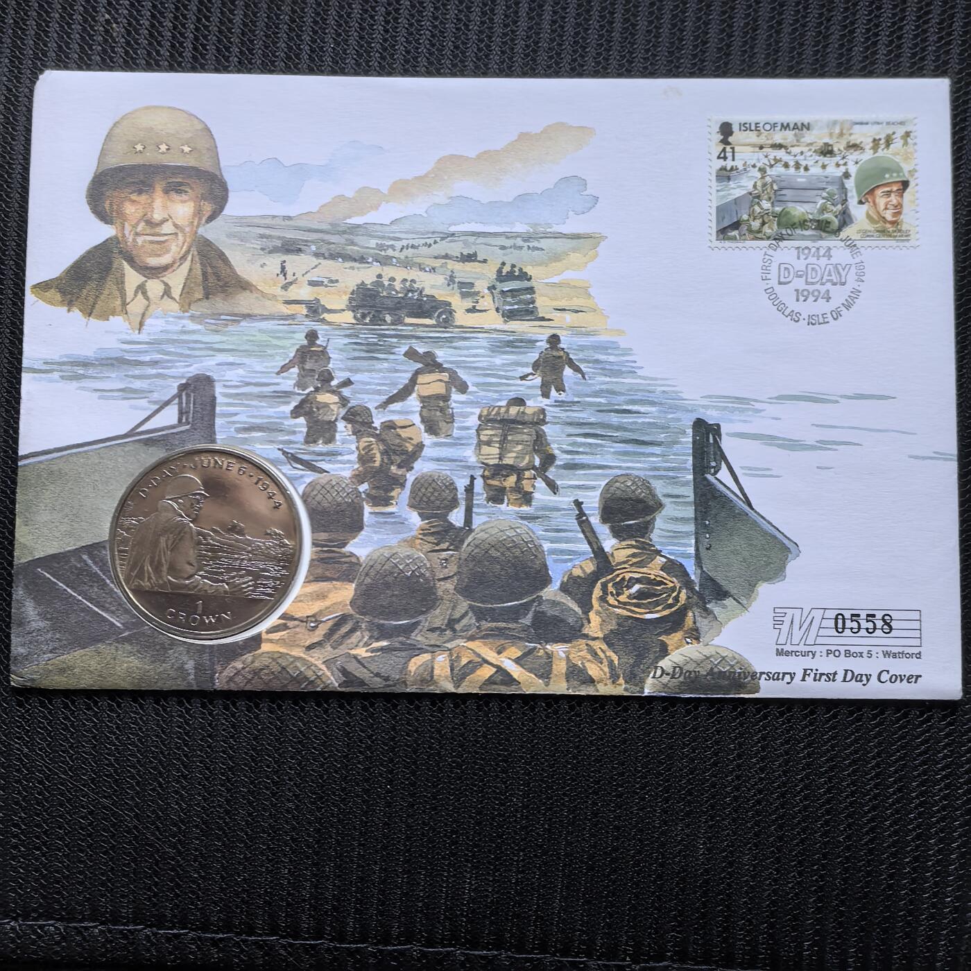 道一币馆币章第一百五十六场 邮币封 马恩岛1994年诺曼底登陆50周年系列-奥马尔·布拉德利将军1克朗纪念币