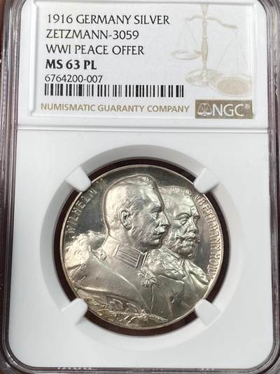 万国钱币拍卖第056期 - NGC MS63PL 1916年德国威廉二世与帝国总理冯·贝特曼一战和平提议纪念精致大银章 皇冠帝国鹰站在利剑棕榈叶之上 罕见品种精铸高浮雕 唯一类镜面冠军分