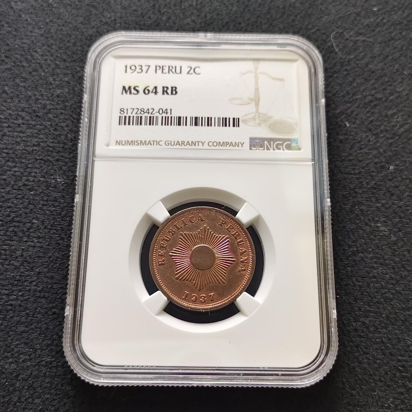 【全场包邮】纯粹捡漏拍483场（免费代拍第20场） 秘鲁1937年2分铜币-NGC MS64 RB