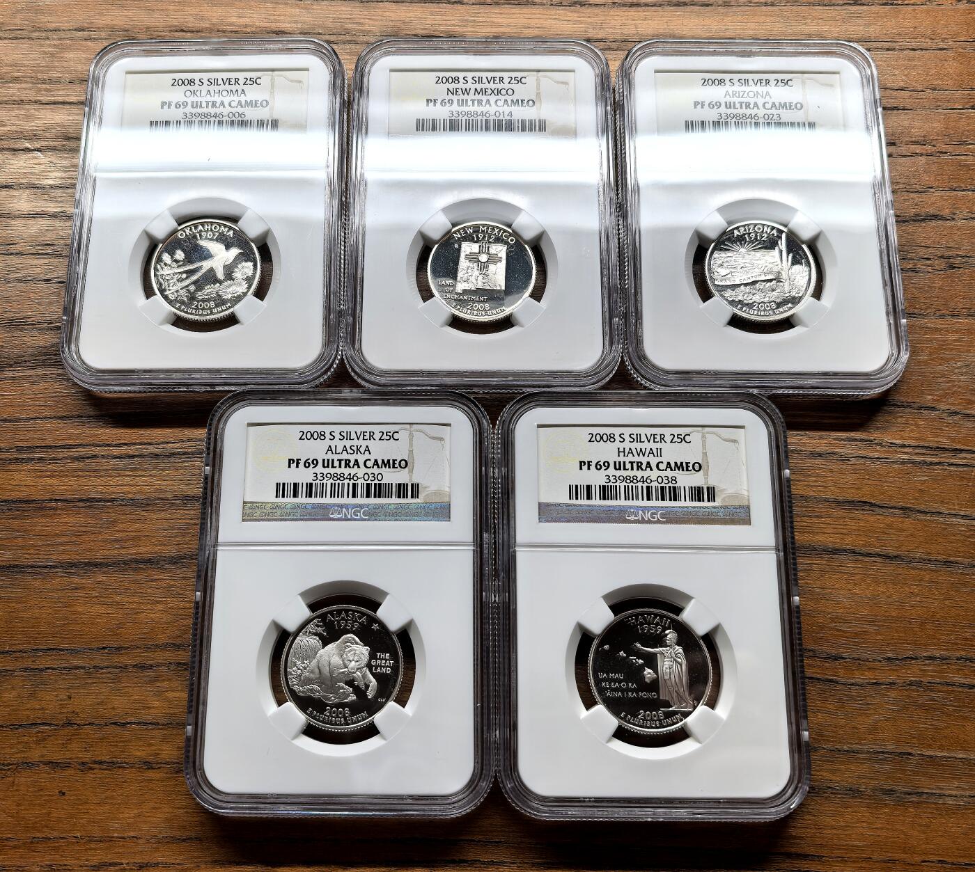 纫秋兰以为佩·凡希社微拍感恩专场 2008美国联邦州25分纪念银币五枚套NGC-PF69UC，亚利桑那等。
