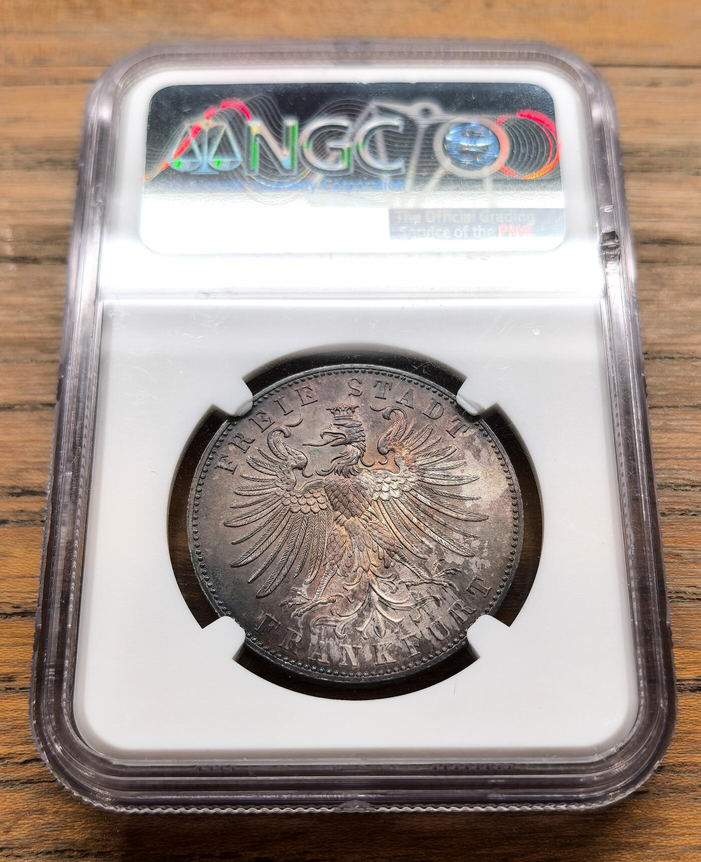 纫秋兰以为佩·凡希社微拍感恩专场 1862德国法兰克福射击节纪念泰勒NGC-MS63，传世五彩，养眼的紫罗兰包浆，颇具个性！