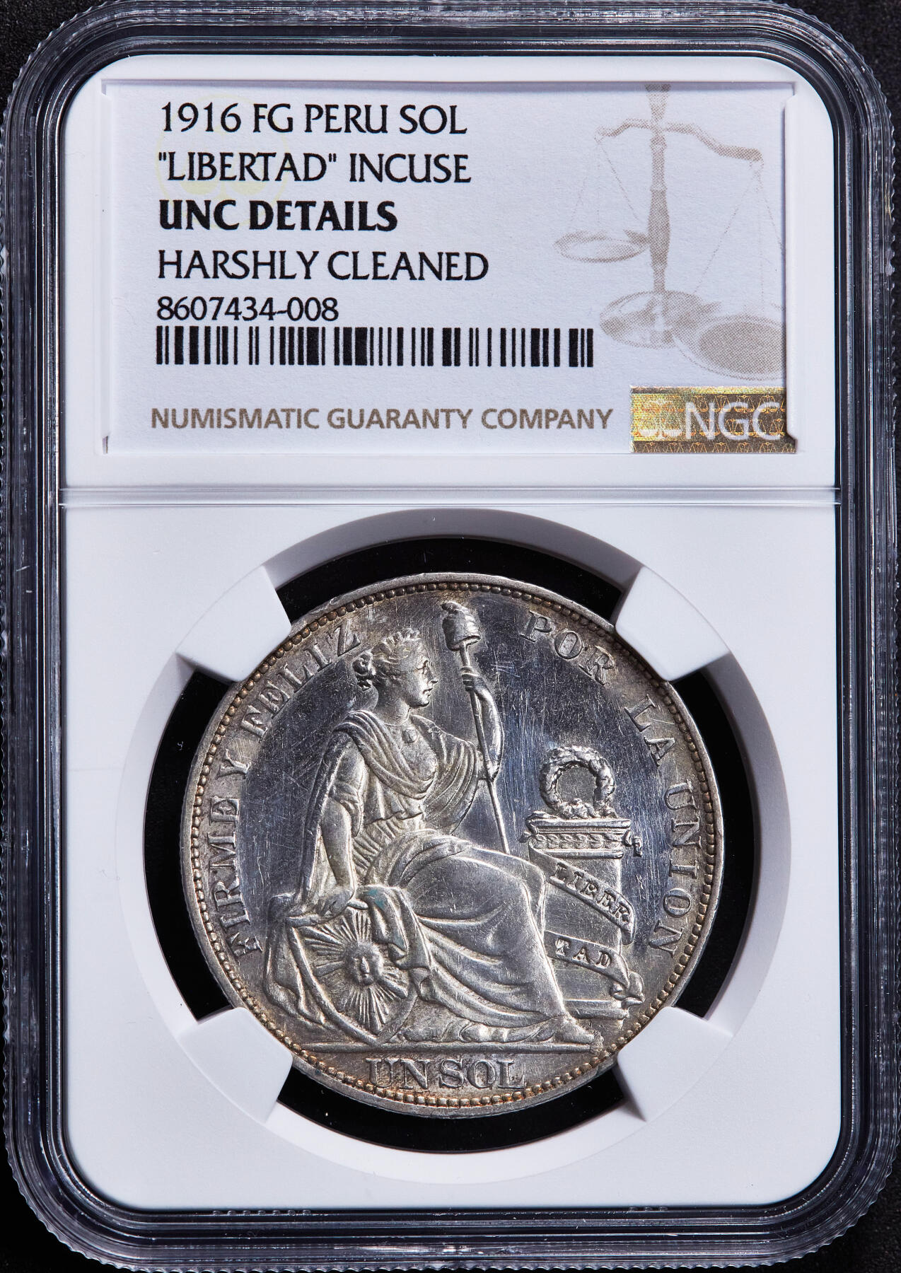 【俄甄集藏】2025年(045)12-03 星期三 晚 19:30 全场包邮 秘鲁1916年FG版女神坐人1索尔大银币，NGC UNCD，底板凝霜，黄油彩原光