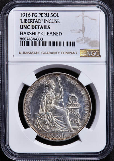 【俄甄集藏】2025年(045)12-03 星期三 晚 19:30 全场包邮 - 秘鲁1916年FG版女神坐人1索尔大银币，NGC UNCD，底板凝霜，黄油彩原光