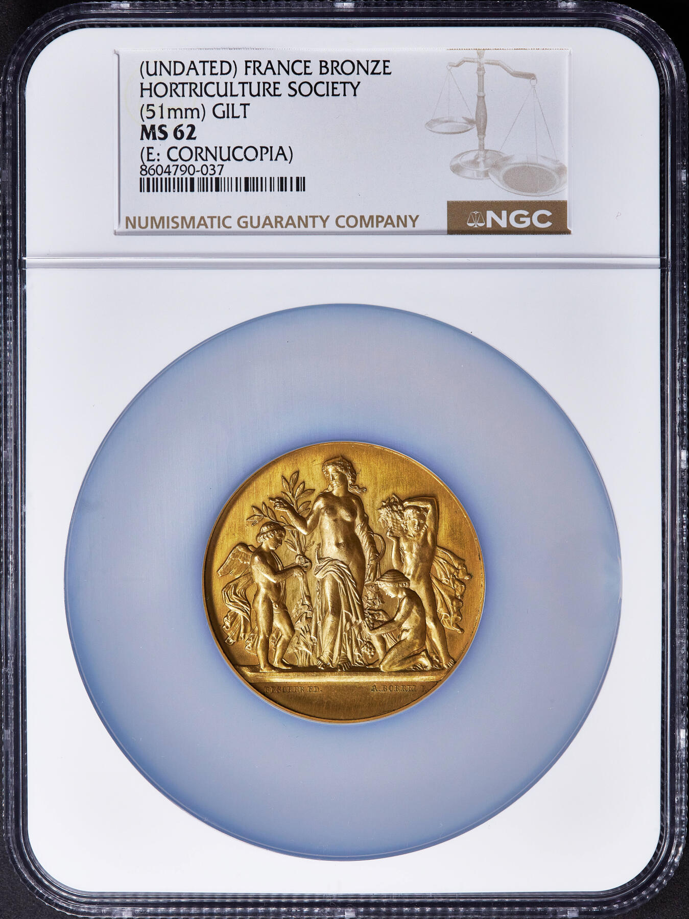 【俄甄集藏】2025年(045)12-03 星期三 晚 19:30 全场包邮 法国19世纪纪念勃艮第科特多瓦园艺协会镀金大铜章，NGC MS62，正面园艺女神与天使造像，金水足，直径：51mm，丰饶角铭，设计精美