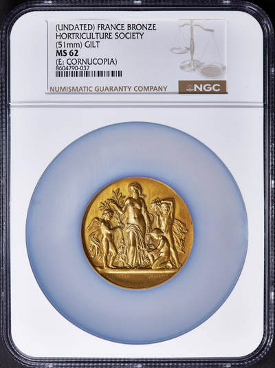 【俄甄集藏】2025年(045)12-03 星期三 晚 19:30 全场包邮 - 法国19世纪纪念勃艮第科特多瓦园艺协会镀金大铜章，NGC MS62，正面园艺女神与天使造像，金水足，直径：51mm，丰饶角铭，设计精美