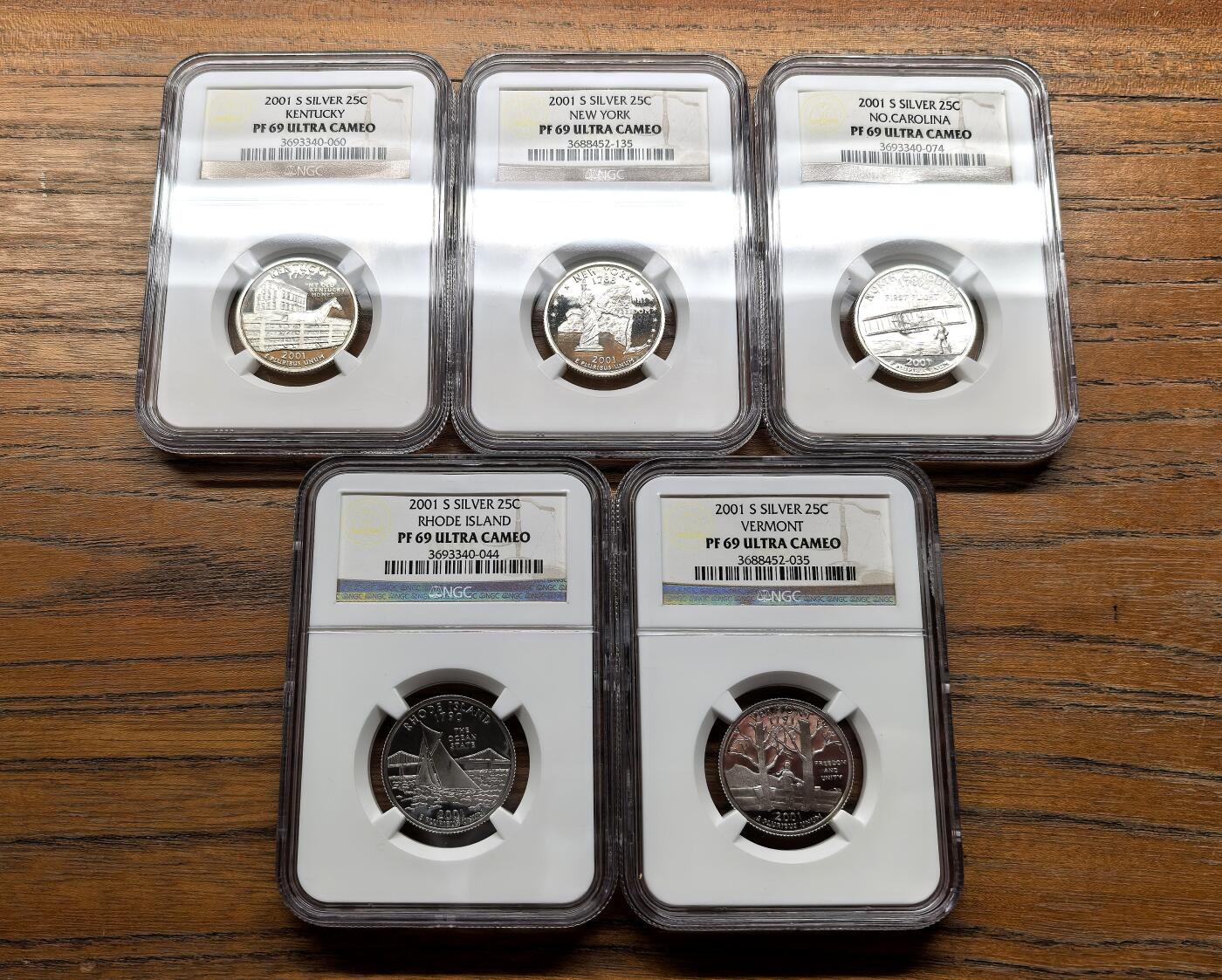 纫秋兰以为佩·凡希社微拍感恩专场 2001美国联邦州25分纪念银币五枚套NGC-PF69UC，肯塔基等。