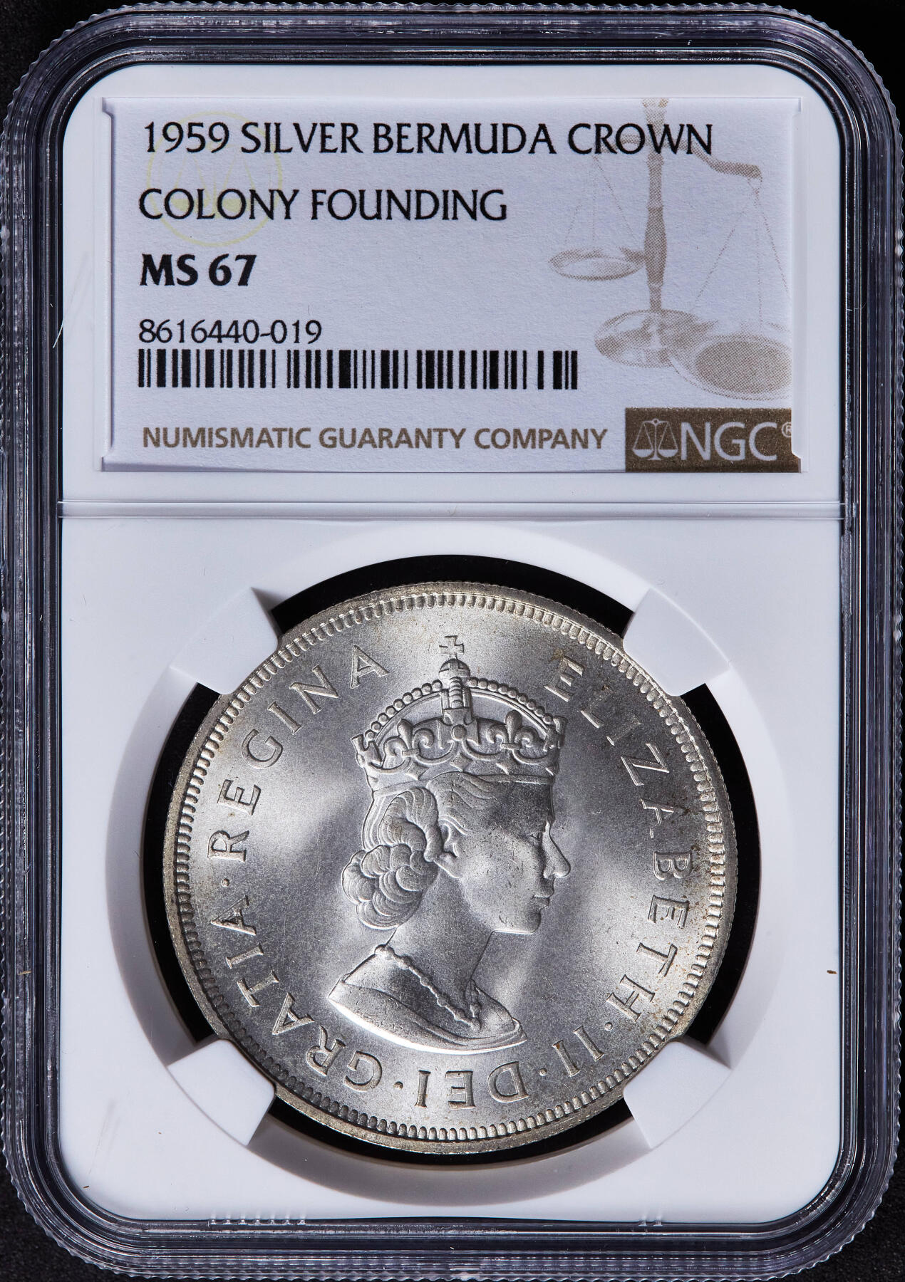 【俄甄集藏】2025年(045)12-03 星期三 晚 19:30 全场包邮 英属百慕大1959年伊丽莎白二世1克朗大银币，NGC MS67，原卷曝光顶级分数，该自治领独立发行的首枚钱币，28.28克，92.5%银，发行量10000枚