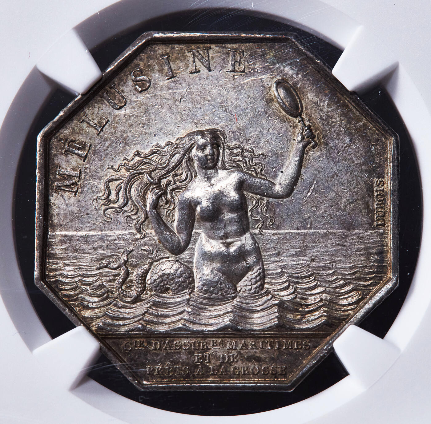 【俄甄集藏】2025年(045)12-03 星期三 晚 19:30 全场包邮 法国1836年海妖梳妆银质八角代用币章（美人鱼打网球），NGC MS61，名誉品，八角目录封面，油灯边铭，黄油酱彩老包浆