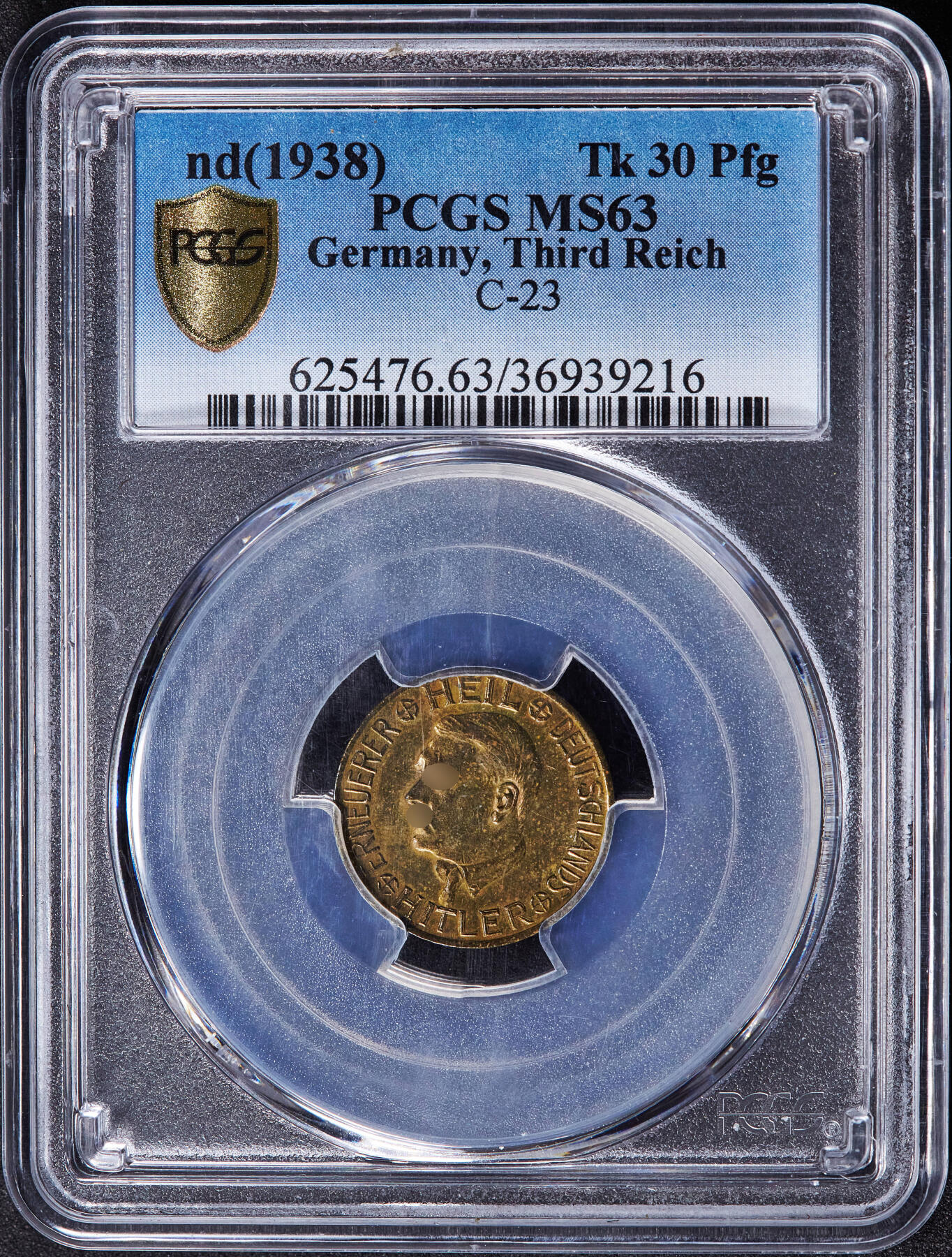【俄甄集藏】2025年(045)12-03 星期三 晚 19:30 全场包邮 德国第三帝国1938年总理头像30芬尼代用铜币，PCGS MS63，原图联系客服或前往对应官网进行查询