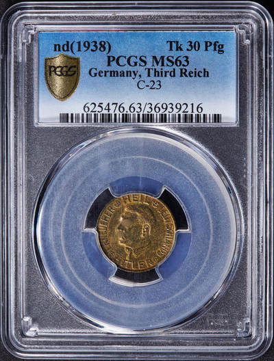 【俄甄集藏】2025年(045)12-03 星期三 晚 19:30 全场包邮 - 德国第三帝国1938年总理头像30芬尼代用铜币，PCGS MS63，原图联系客服或前往对应官网进行查询