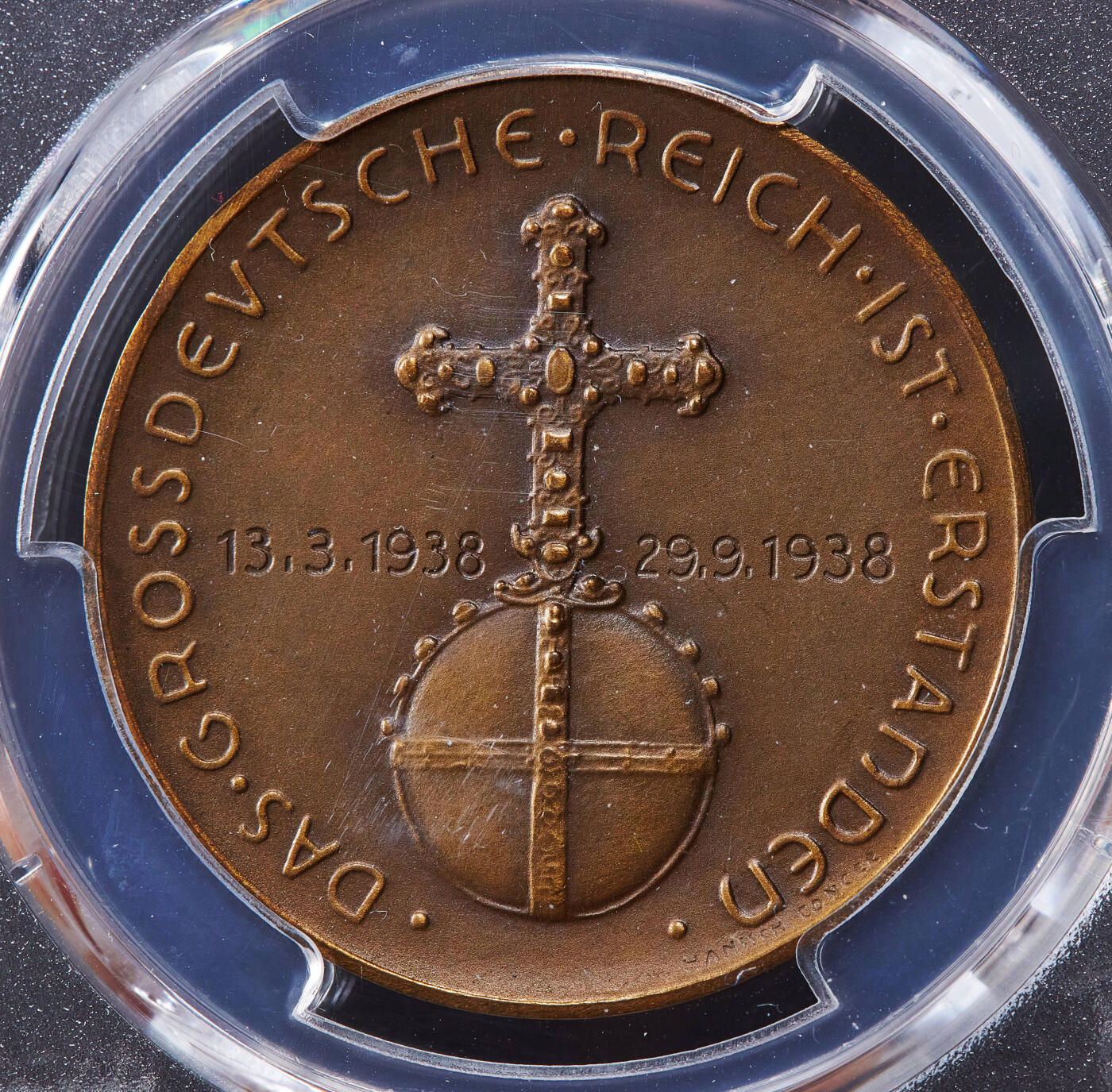 【俄甄集藏】2025年(045)12-03 星期三 晚 19:30 全场包邮 德国第三帝国1938年纪念德国吞并奥地利铜章，PCGS SP63，磨砂底板，铜章少见，原图联系客服或前往对应官网进行查询