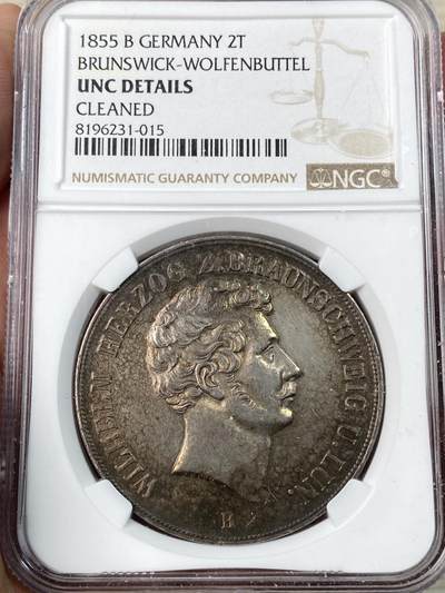 万国钱币拍卖第056期 - NGC UNCD 1855年德国布伦瑞克-狼堡大纹章流通2泰勒 不论光度、打制亦或是包浆都非常到位的一枚