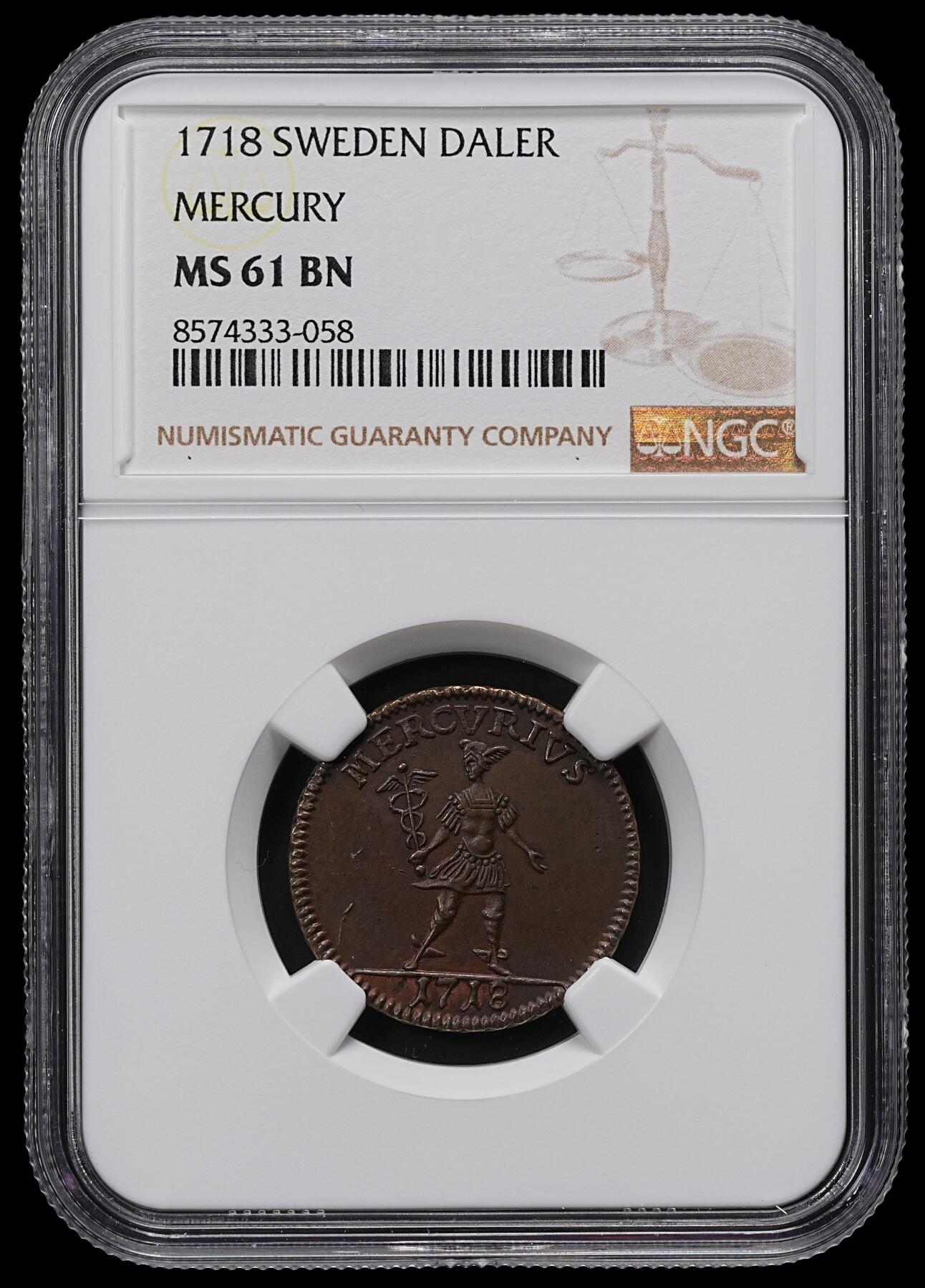 修遠堂世界钱币第九十五期 NGC MS61BN 1718年瑞典紧急时期1 DALER铜币 品相少见