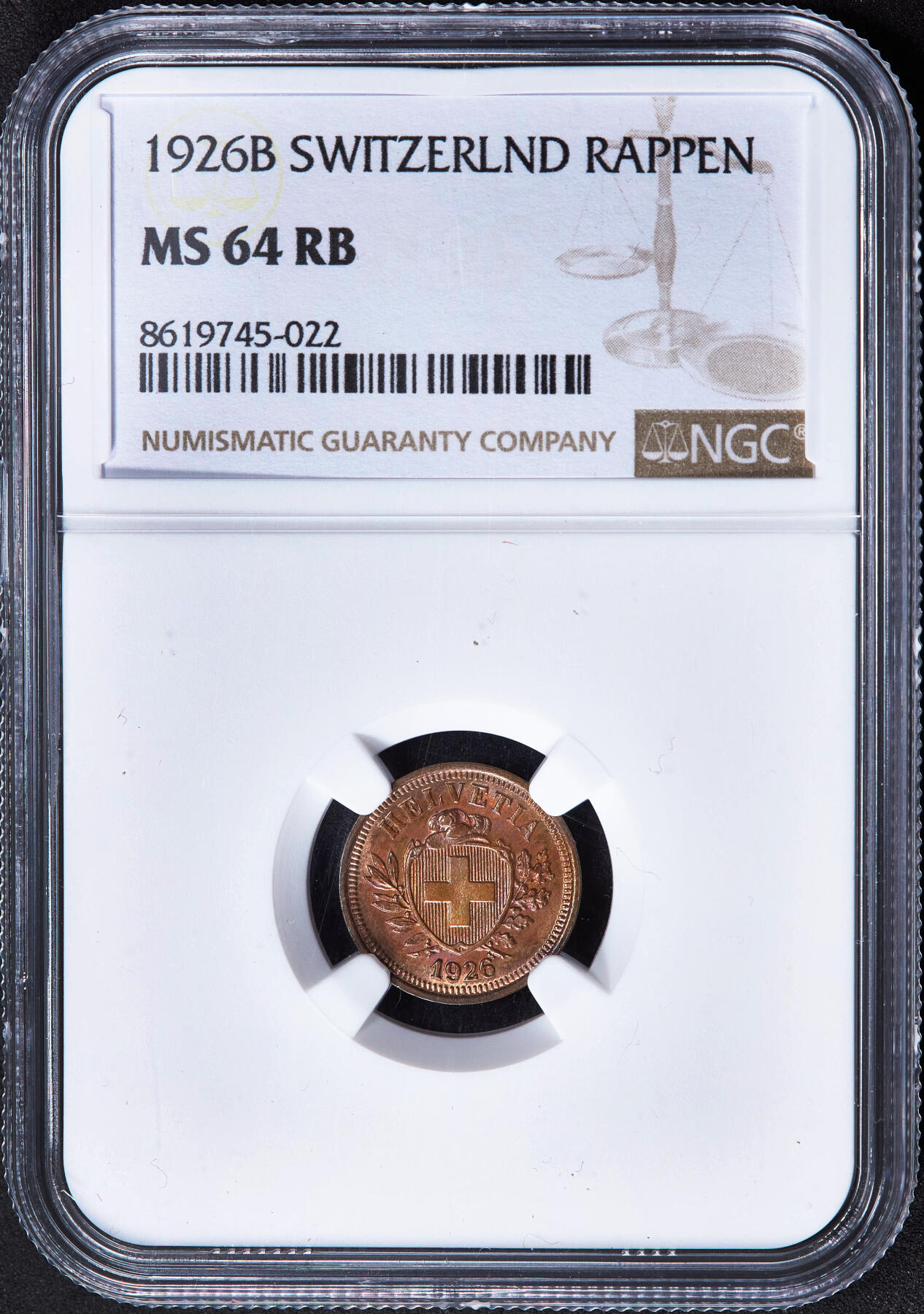 【俄甄集藏】2025年(045)12-03 星期三 晚 19:30 全场包邮 瑞士1926年B版1生丁铜币，NGC MS64RB，原铜光，转光品相