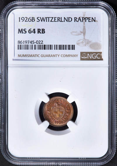 【俄甄集藏】2025年(045)12-03 星期三 晚 19:30 全场包邮 - 瑞士1926年B版1生丁铜币，NGC MS64RB，原铜光，转光品相