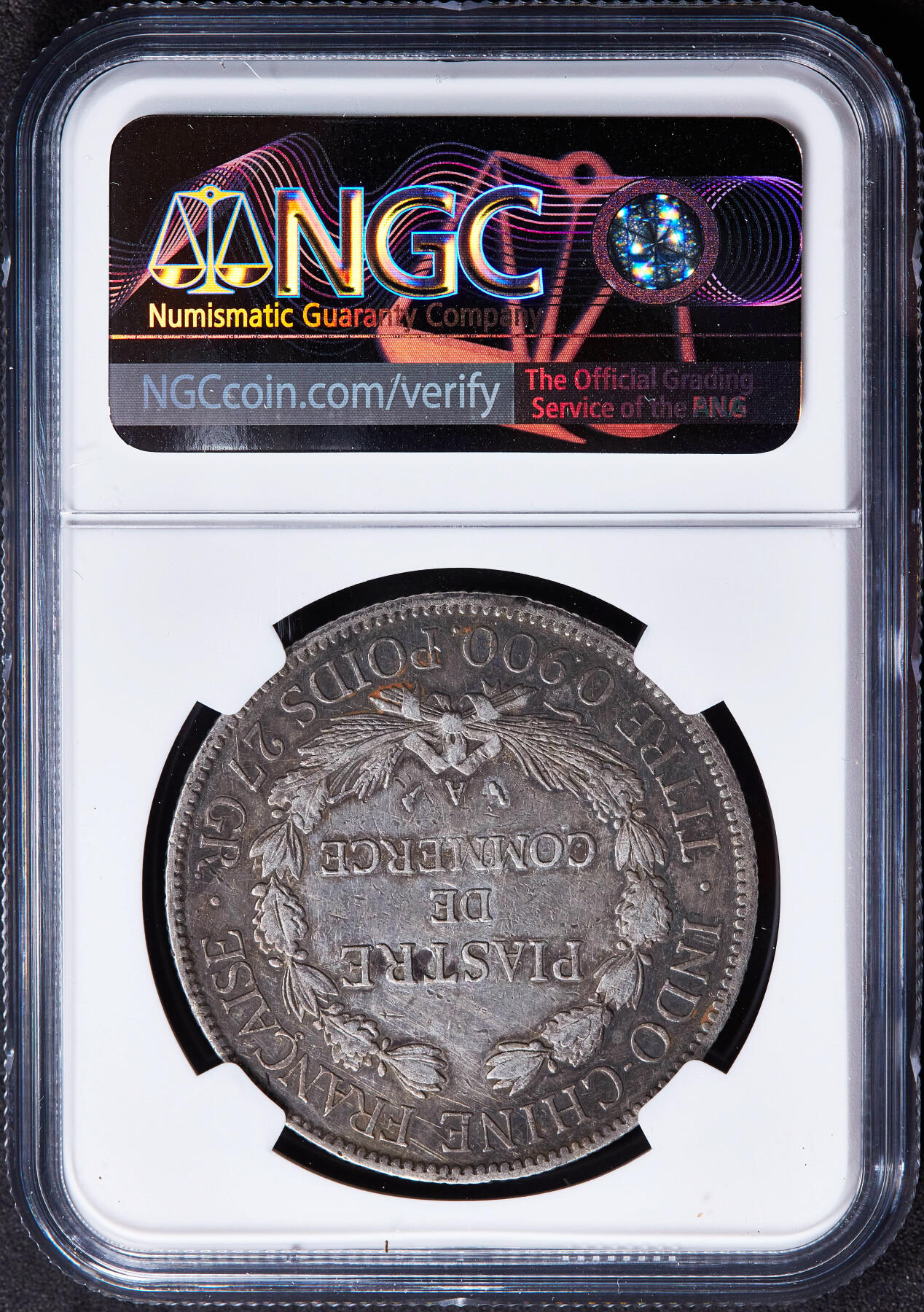 【俄甄集藏】2025年(045)12-03 星期三 晚 19:30 全场包邮 法属印度支那1904年A版坐洋1皮阿斯特大银币，NGC XFD，五彩酱彩老包浆