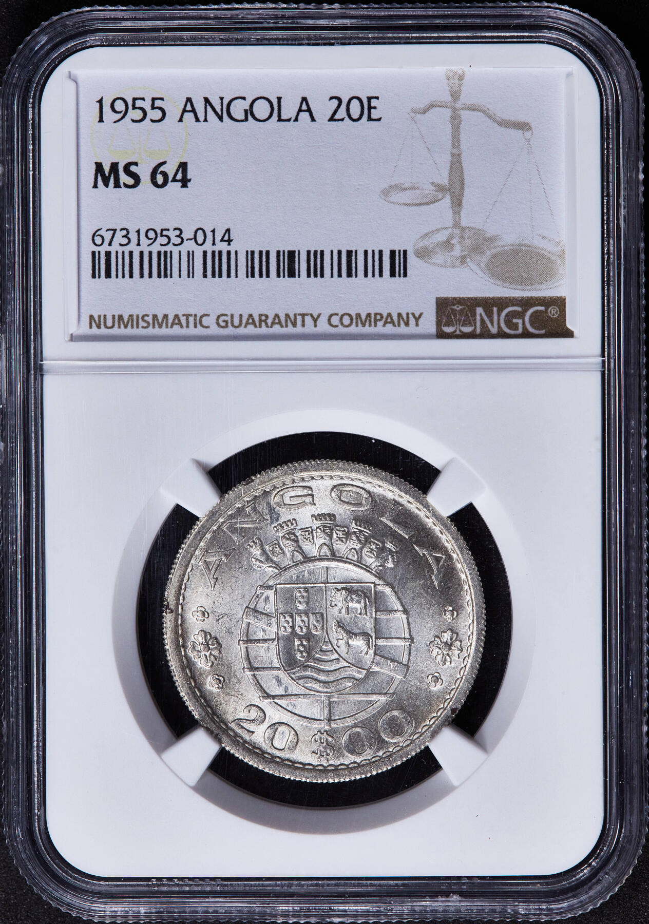 【俄甄集藏】2025年(045)12-03 星期三 晚 19:30 全场包邮 葡属安哥拉1955年20埃斯库多银币，NGC MS64，转光品相