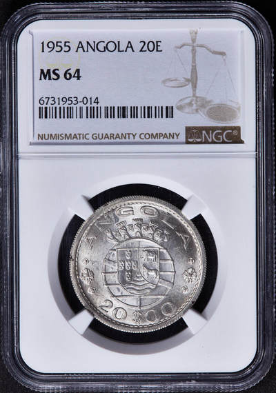 【俄甄集藏】2025年(045)12-03 星期三 晚 19:30 全场包邮 - 葡属安哥拉1955年20埃斯库多银币，NGC MS64，转光品相