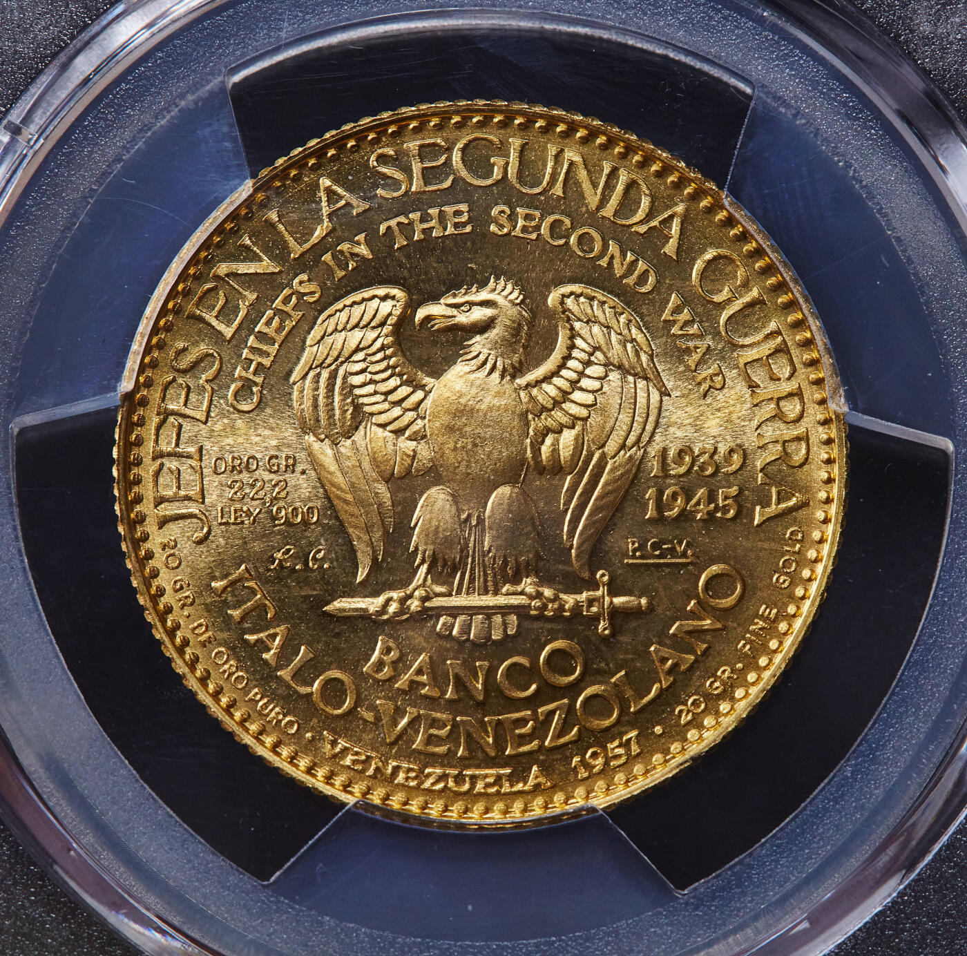 【俄甄集藏】2025年(045)12-03 星期三 晚 19:30 全场包邮 委内瑞拉1957年二战领导人系列-德国总理60玻利瓦尔金币，PCGS MS67，重：22.22克，90%金，稀少品种，原图联系客服或前往对应官网进行查询