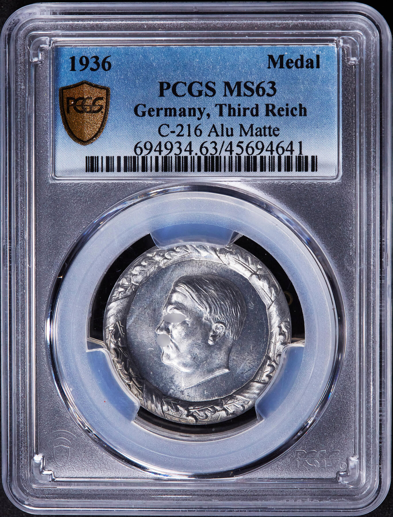 【俄甄集藏】2025年(045)12-03 星期三 晚 19:30 全场包邮 德国第三帝国1936年纪念总理铝质纪念徽章，PCGS MS63，加厚盒，联系客服或前往对应官网进行查询
