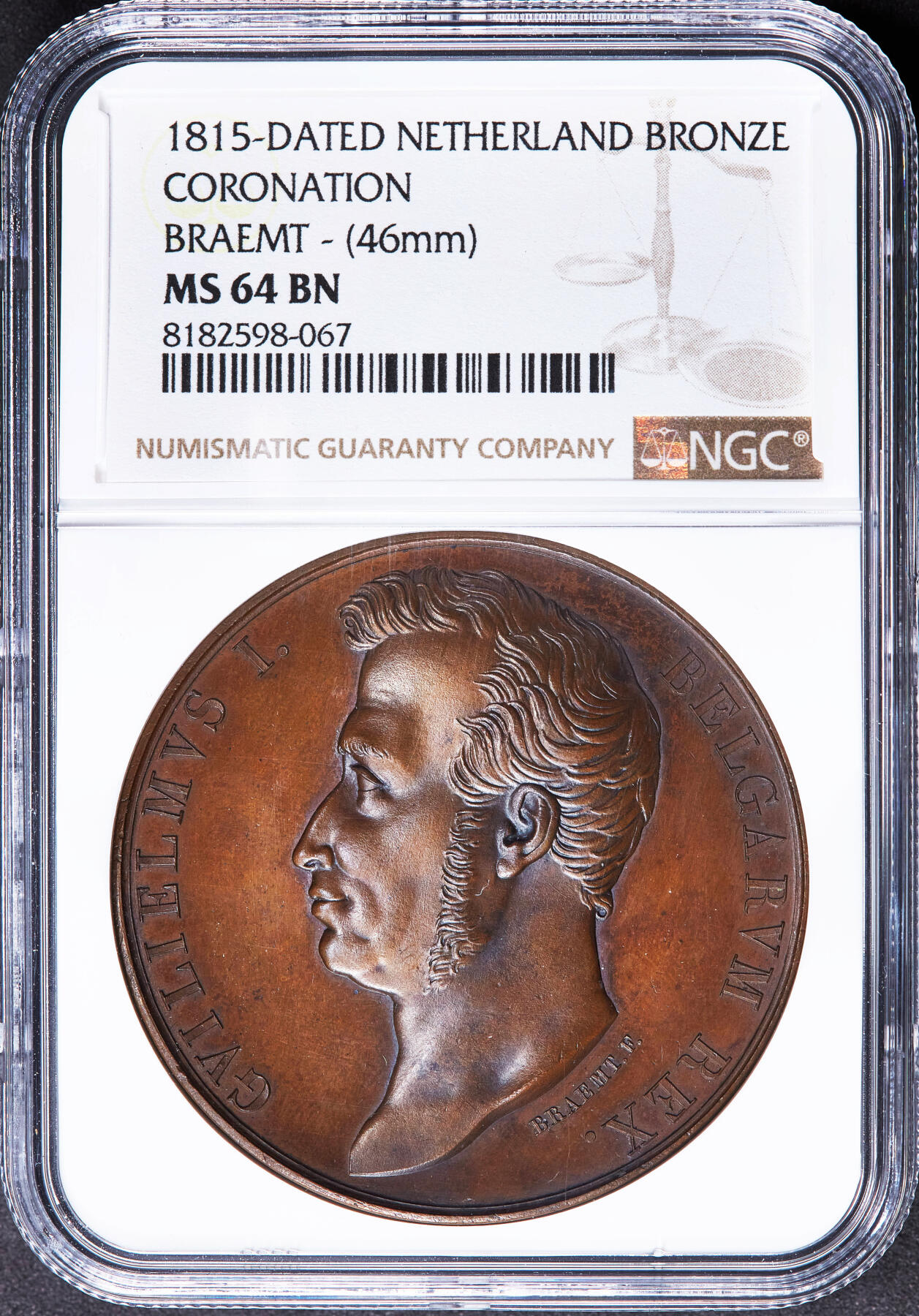 【俄甄集藏】2025年(045)12-03 星期三 晚 19:30 全场包邮 荷兰1815年纪念国王威廉一世加冕大铜章，NGC MS64，巧克力包浆，高浮雕