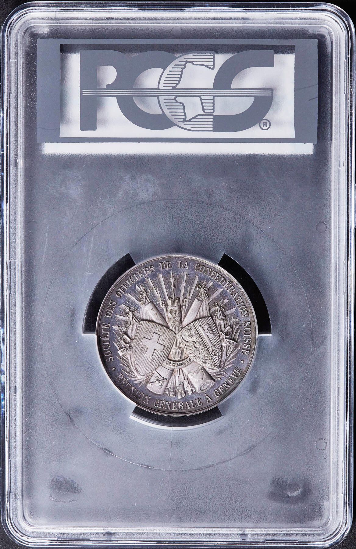 【俄甄集藏】2025年(045)12-03 星期三 晚 19:30 全场包邮 瑞士1892年纪念联邦军官协会全体会议在日内瓦召开大银章，PCGS MS65，紫罗兰酱彩老包浆，唯一冠军分，顶级状态，类精制底板，直径：46mm
