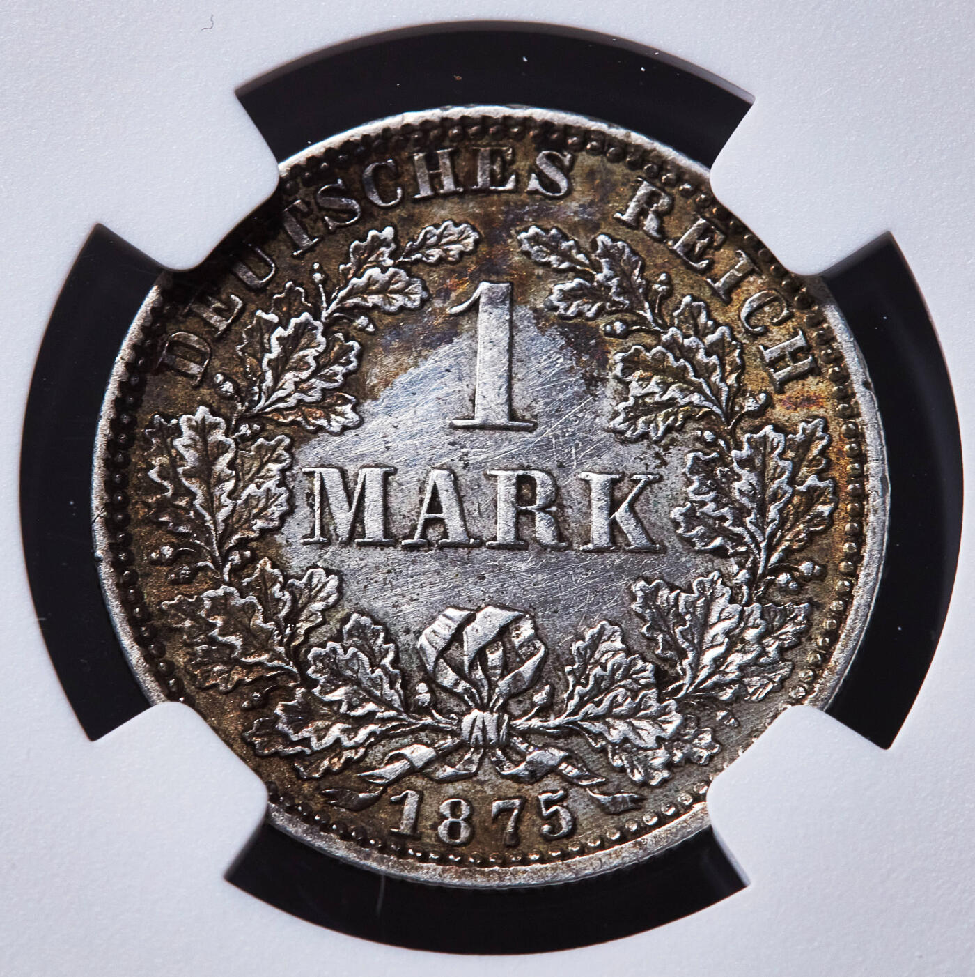 【俄甄集藏】2025年(045)12-03 星期三 晚 19:30 全场包邮 德国1875年A版短翅1马克芬尼银币，NGC AUD，黄油彩原光品相