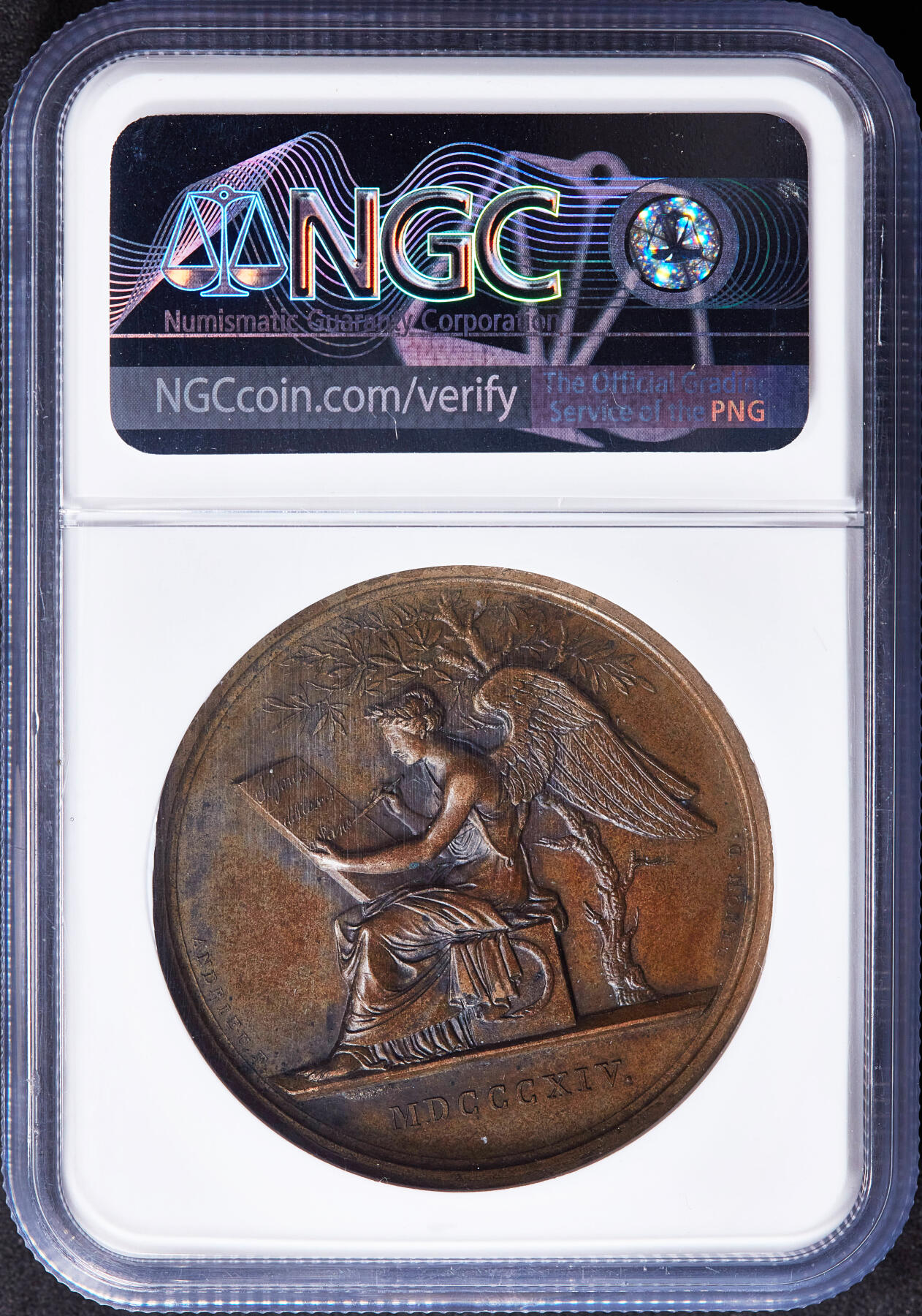 【俄甄集藏】2025年(045)12-03 星期三 晚 19:30 全场包邮 沙俄1814年亚历山大一世访问巴黎纪念高浮雕大铜章，NGC MS63，巧克力包浆，状态很好