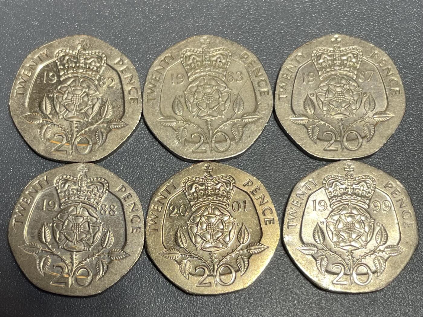 回流1130 英国20便士7边形不同年份6枚 皇家玫瑰