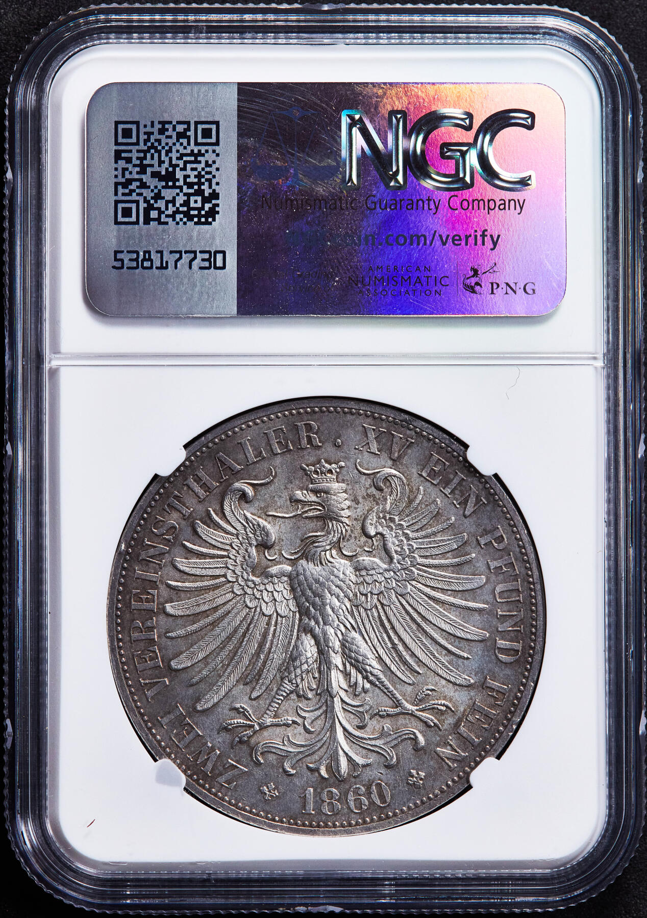 【俄甄集藏】2025年(045)12-03 星期三 晚 19:30 全场包邮 德国法兰克福1860年少女2泰勒大银币，NGC UNCD，五彩包浆，转光品相，疑似错杀