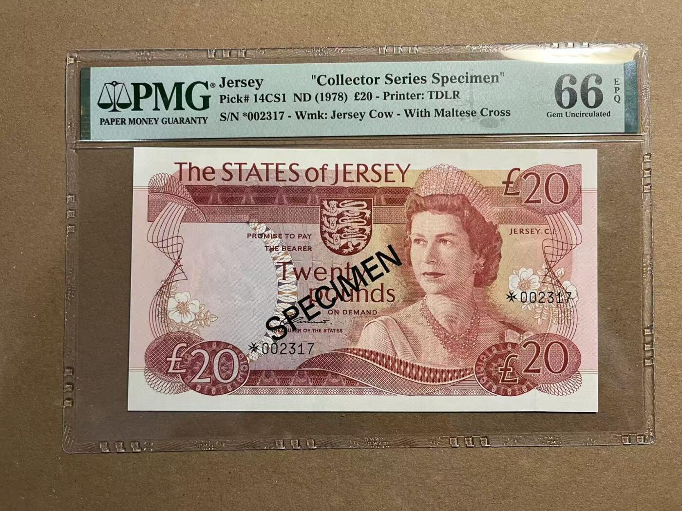 【礼羽收藏】🌏世界钱币拍卖第114期 【PMG66、67】【*002317】1978年泽西岛1、5、10、20镑样钞 四张全同号 千位号